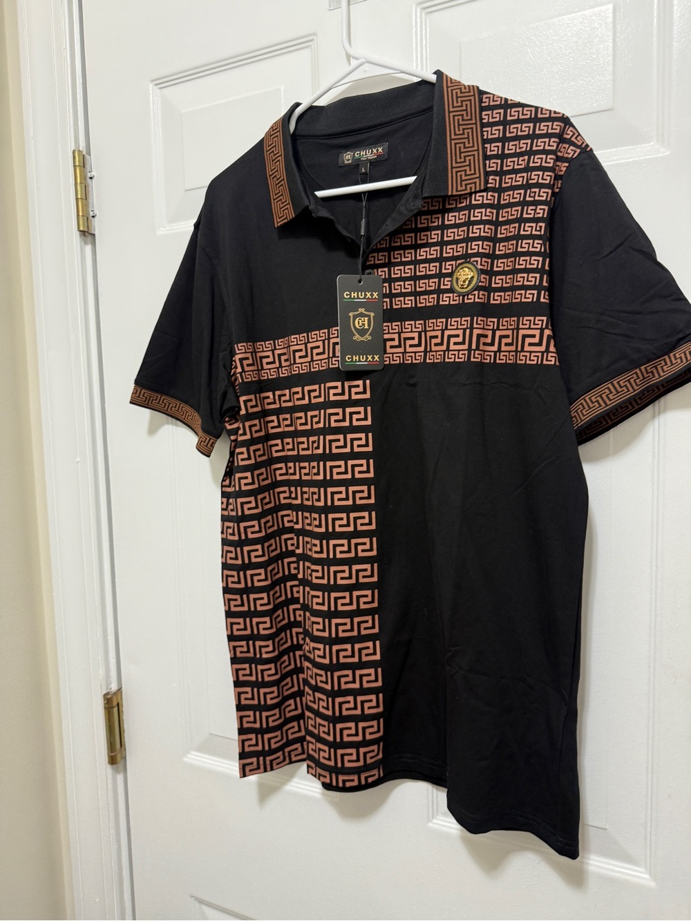 CHUXX Black & Brown Greek Key Polo Shirt new with tag
